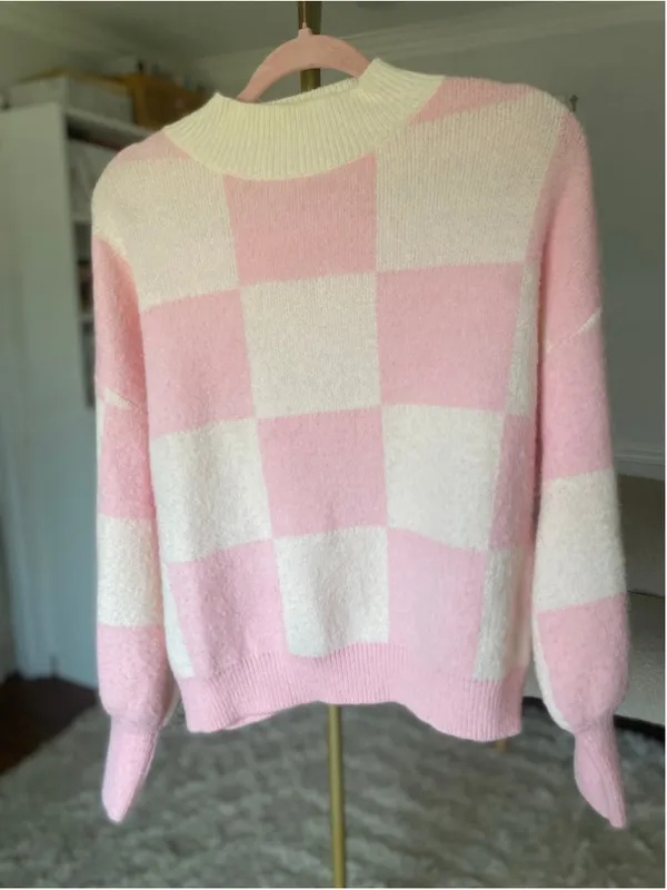 Pink & Cream Checkerboard Sweater Mock Neck Cozy Knit Buttery Soft Quiet‎ Luxury - Image 3