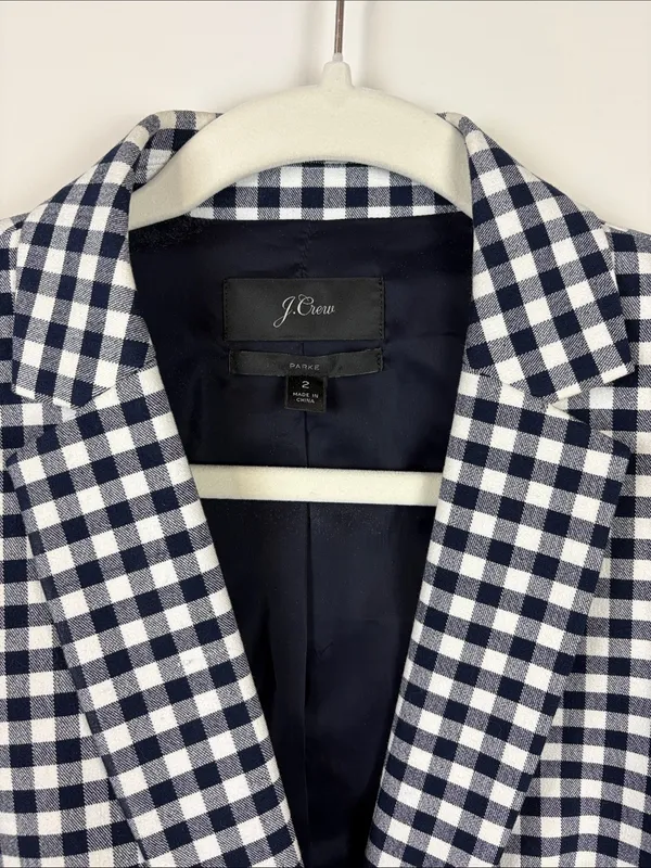 J. Crew Parke Gingham Blazer Women’s 2 Cotton Single Button Navy White - Image 3