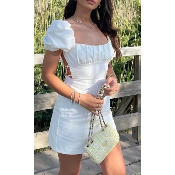 Zara Linen blend short dress puff Sleeve lace up white Size S Linen, Viscose - Image 2