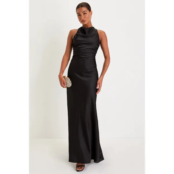Lulus Effortlessly Sensational Black Satin Backless Maxi Dress High Neck L - Image 3