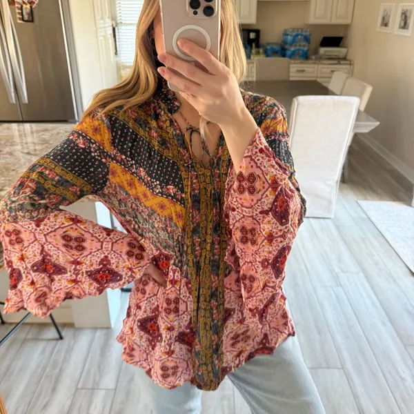Umgee + XL Boho Patchwork Print Peasant Blouse Top Tie Neck Long Sleeve - Image 3