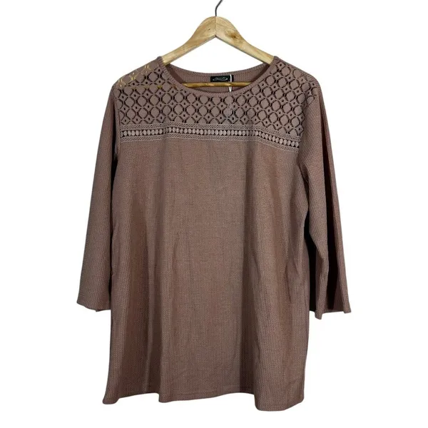 NWT Ofeefan Waffle Knit Lace Yoke Pullover Top Mauve Boho 3/4 Sleeve Size XL - Image 2