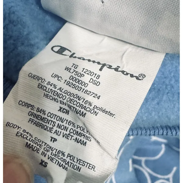 Champion Reverse Weave Sweatshirt Womens XS Light Blue Logo Spellout AOP - Image 6