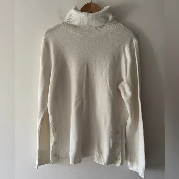 J. Crew White Wool Blend Turtleneck‎ Sweater Button Detail - Image 2