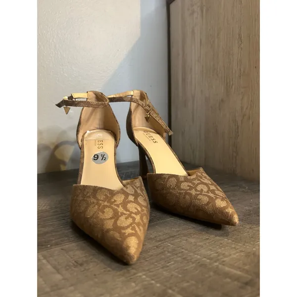 GUESS Monogram Logo D'Orsay Pointed Toe Ankle Strap Pumps Tan Brown Womens 9.5 - Image 3