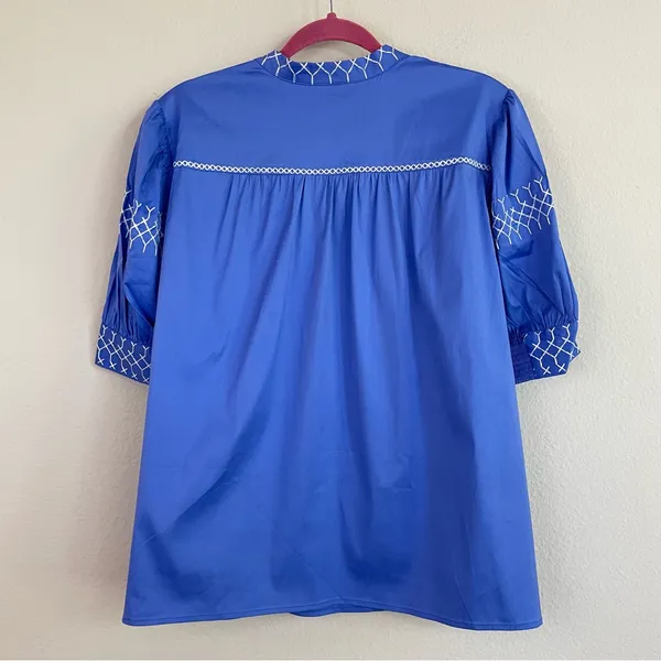 Chico's Poplin Drama Sleeve Top with White‎ Stitching Embroidery Size 12 - Image 6