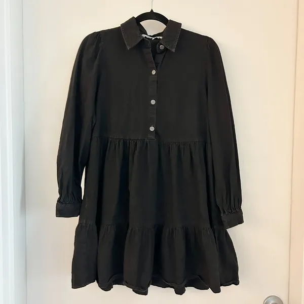 Zara Chambray Denim Ruffle Tiered Poplin Dress in Black Size M - Image 5