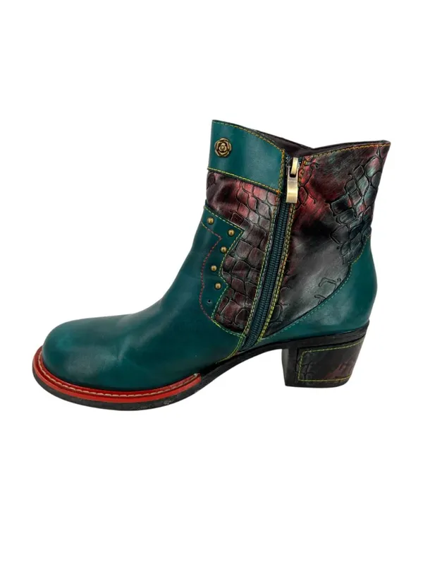 Boho Lagenlook Festival Teal Leather Ankle Boots Snake Print Stud Detail Size 42 - Image 8