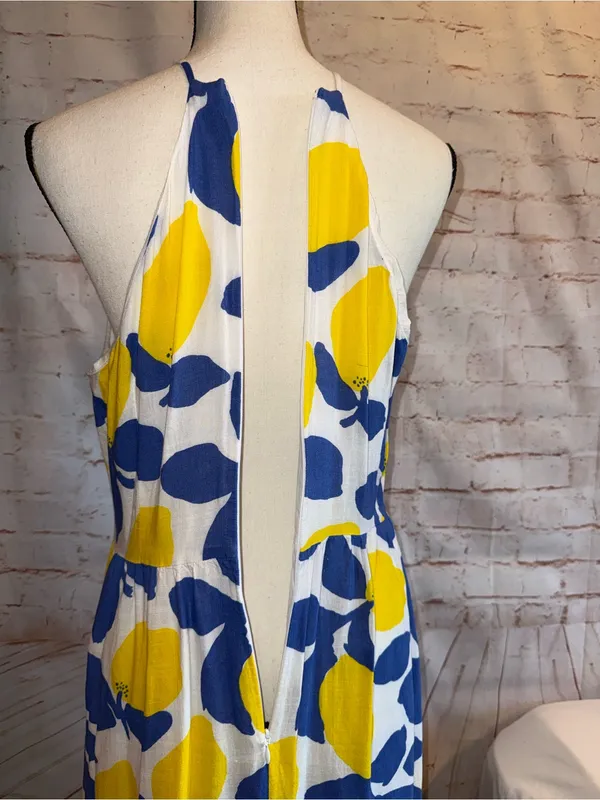 LOFT 10 Lemon Midi Dress Yellow Blue back zipper keyhole ruffles linen blend - Image 8