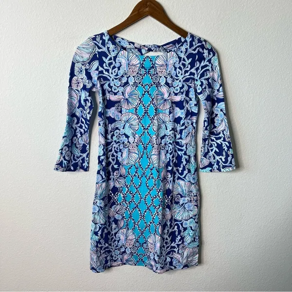 Lilly Pulitzer Blue Floral Printed Mini‎ Dress 3/4 Sleeves Boatneck Women’s XXS - Image 4