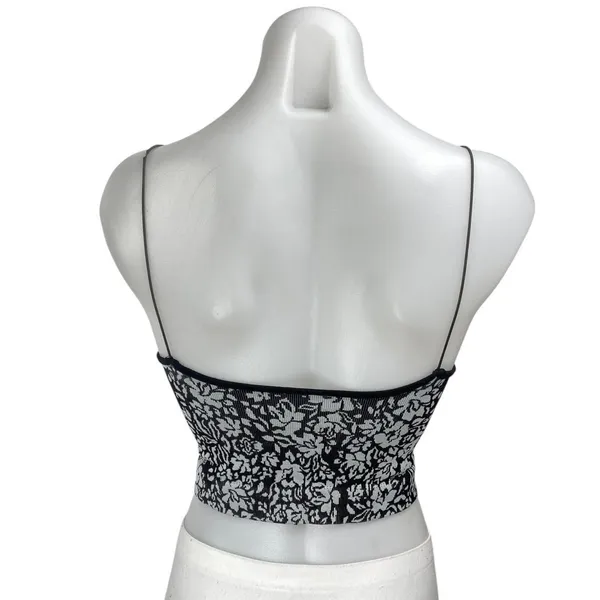 Free People Black Ribbed Knit Floral Sleeveless Cami Camisole Tank Crop Top XS/S - Image 2