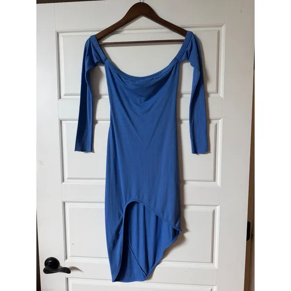 Indah Body Blue Raquel Ribbed Off Shoulder Asymmetric Midi Dress Small Y2K - Image 2
