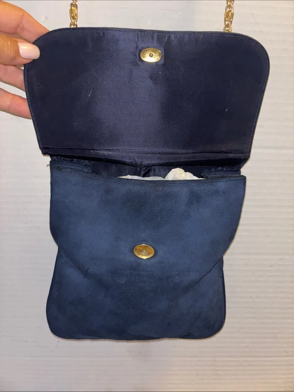Sheldon Original..Vintage Navy Blue Suede With Gold Toned Crossbody Chain - Image 8