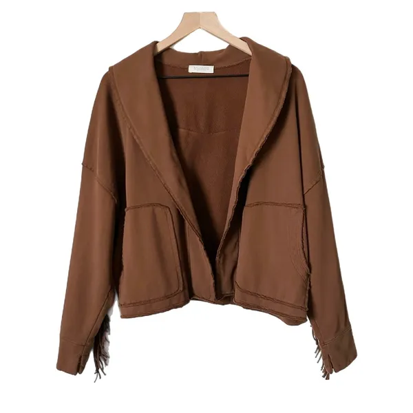 Free People Ragabond Wyatt Fringe Cardigan 100% Organic Cotton Brown Fringe XS - Image 2