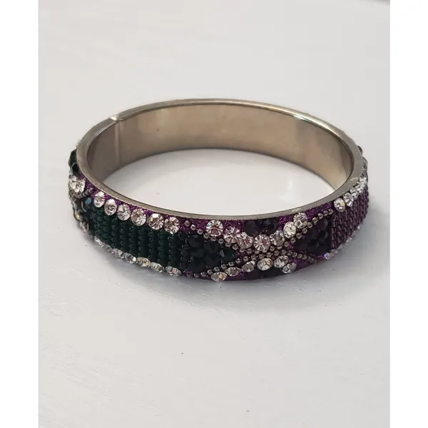 Vintage Bracelet / Bangle Purple & Green Tones with Clear Gems 7" - Image 4