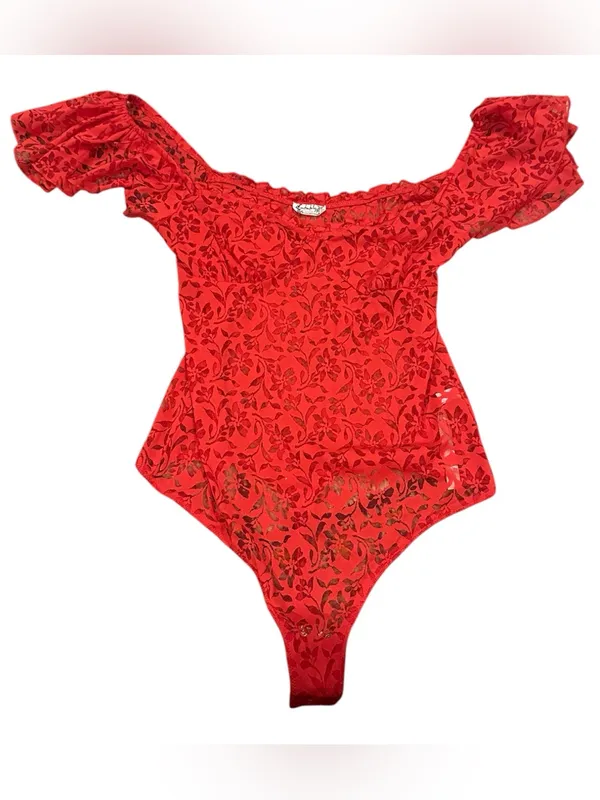 INTIMATELY FREE PEOPLE OLIVIA Red Floral Lace One-Piece Thong Bodysuit M - Image 3