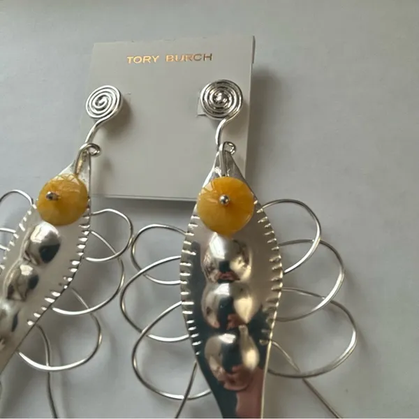 Tory Burch Silver Earrings with Yellow Accent Beads - Image 4