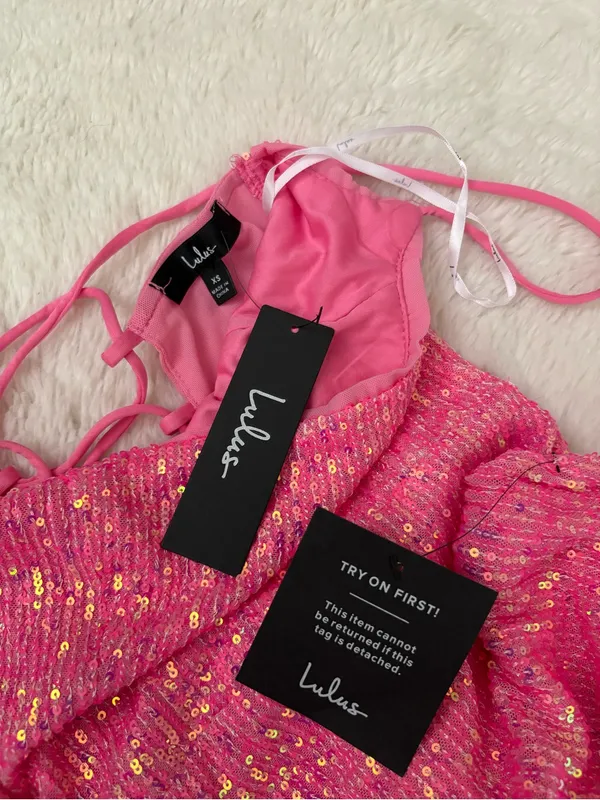 Lulus Bold Aesthetic Hot Pink Sequin Lace-Up Bodycon Mini Dress Size XS Mobwife - Image 6