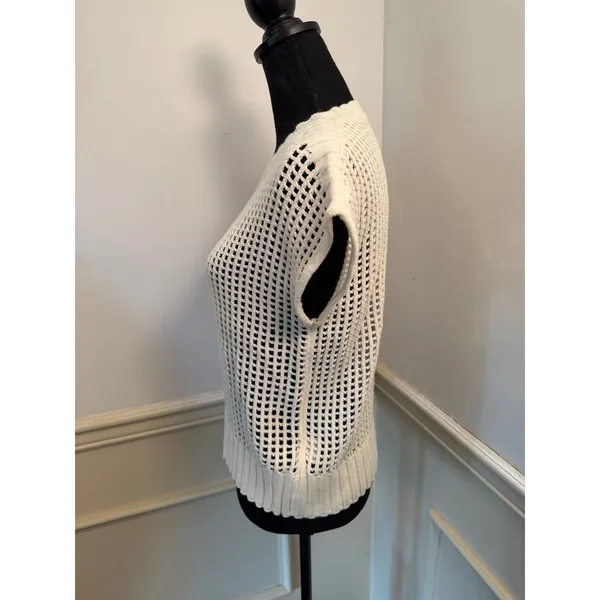 Open Knit Cream Cap Sleeve Sweater Pullover Breezy Summer Crochet Top Cover-Up - Image 4