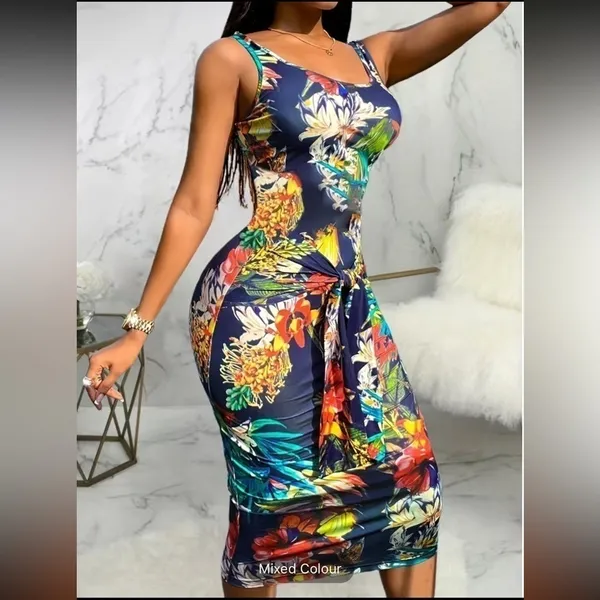 Boutique Floral sleeveless Tie-Front Bodycon Dress New - Image 3