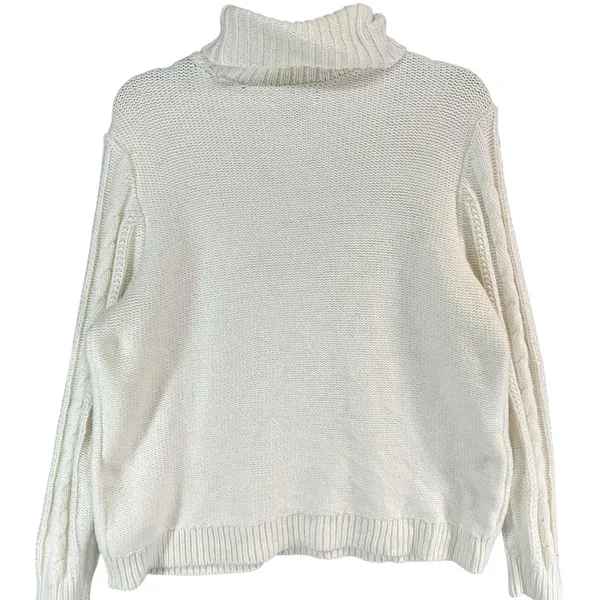 Lands End Sweater‎ Womens L Petite Cream Cable Knit Fisherman Turtleneck Cozy - Image 4