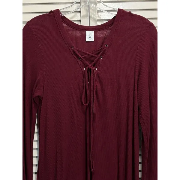 Empyre Burgundy Ribbed Lace Up‎ V Neck Long Sleeve Size Large Midi Dress - Image 2