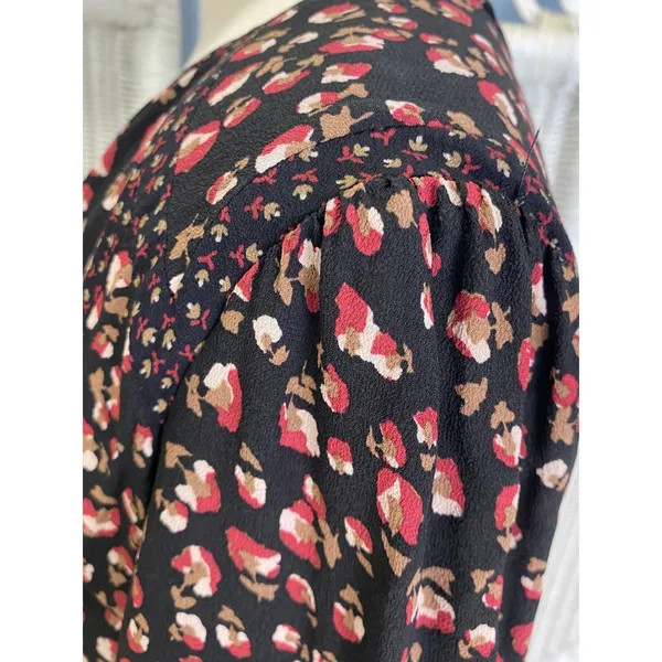 Gérard Darel Paris Black Floral Print Dress 44 Smocked Neckline‎ French Viscose - Image 5