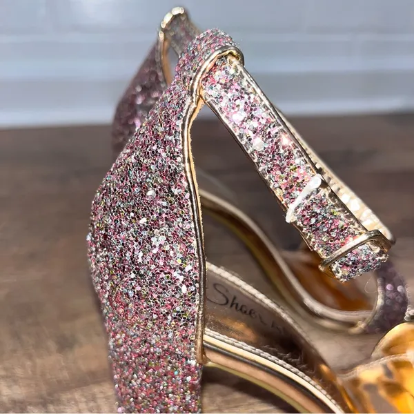 Rose Gold Glitter Strappy Block Heels Pink Size 8 - Image 5