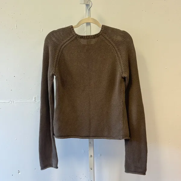 Y2K‎ DKNY Jeans Tan Brown Cotton Knit V-Neck Logo Sweater Women's Medium Raglan - Image 2