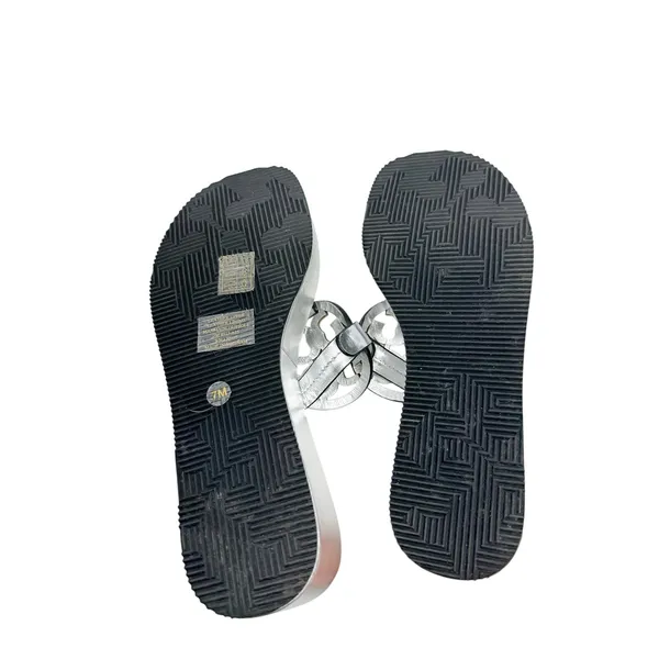 Tory Burch Miller Silver Metallic Leather Platform Wedge Sandals Logo Thong 7 - Image 7