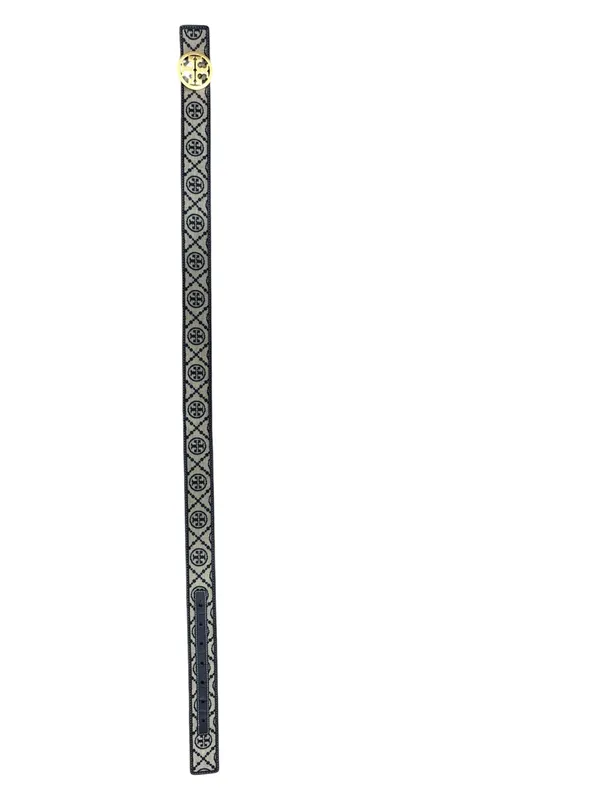 Tory Burch Black and Beige Logo Web Belt with Gold Medallion Buckle Size Small - Image 6