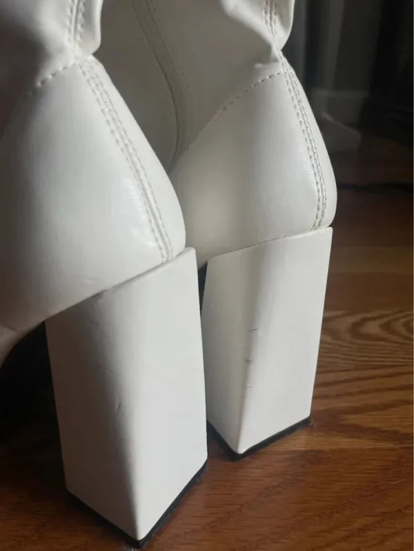Public Desire White Knee High Block Heel Boots - Image 7