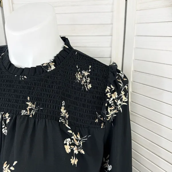 J. Crew Floral Smocked Ruffle Trim Blouse Black‎ Tan Large - Image 5