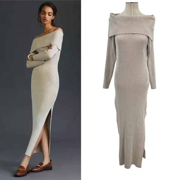 Anthropologie Off-The-Shoulder Sweater Midi Dress Cream‎ Beige Tan Size XL - Image 2