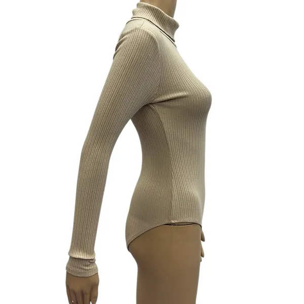 Ambiance Khaki Long Sleeve Ribbed Turtleneck Stretchy Bodysuit Top Women Small - Image 4