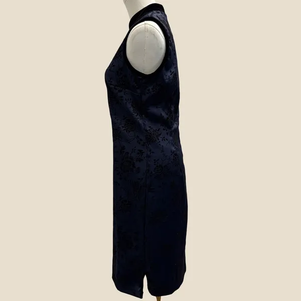 VTG 90s CDC Navy Blue Black Flocked‎ Velvet Floral Mandarin Collar Midi Dress 10 - Image 3