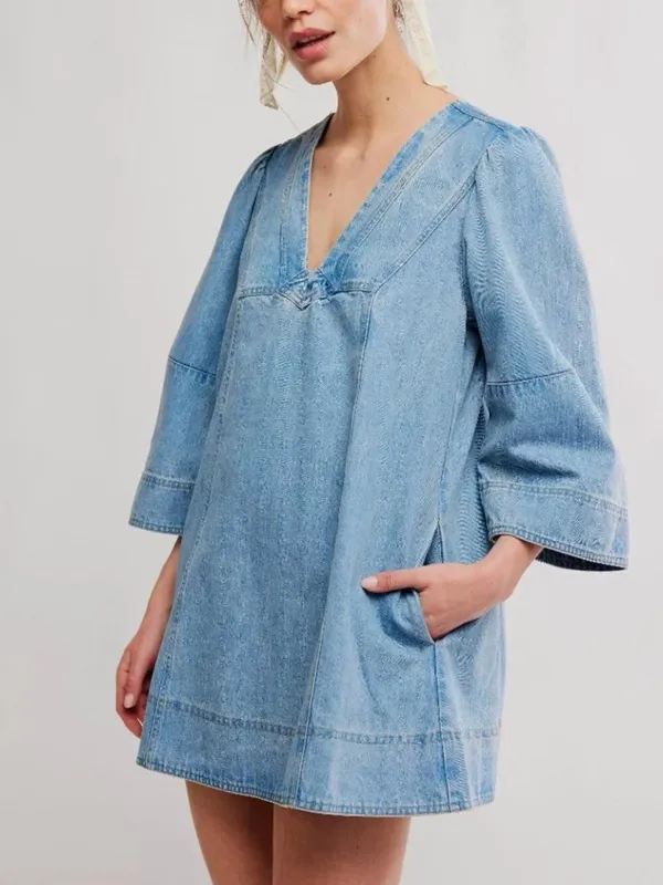 FREE PEOPLE NWT Goldie Balloon Sleeve Denim Mini Dress / Celestial Blue XS - Image 5