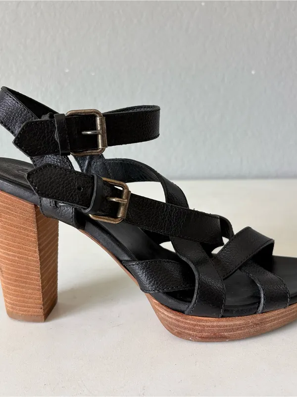 Madewell Black Leather Ankle Strap Platform Wood High Heels Sandals Womens Sz 10 - Image 5