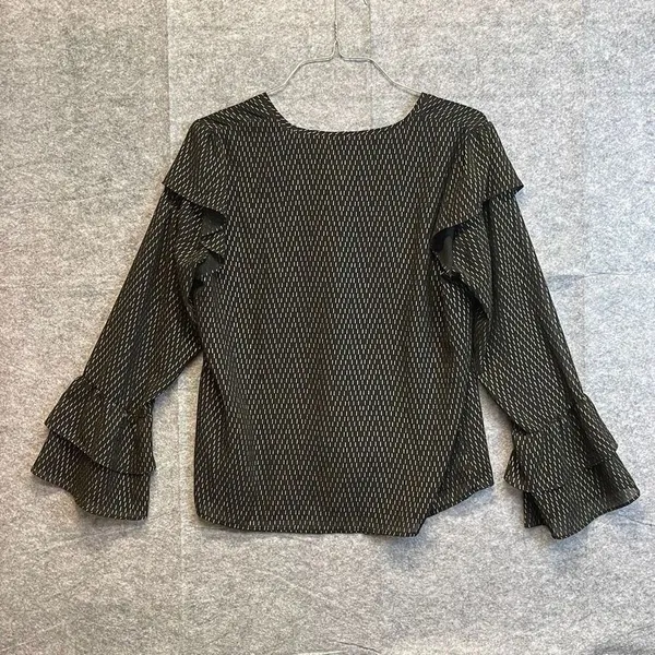 A NEW DAY Blouse Women's Large Black Gold Geometric V Neck Long Ruffle‎ Sleeves - Image 6