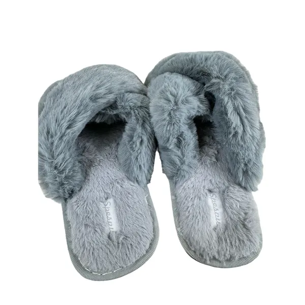 Spesoul Gray Fuzzy‎ Soft Slide-On Crisscross Open Toe Slippers Size L - Image 3