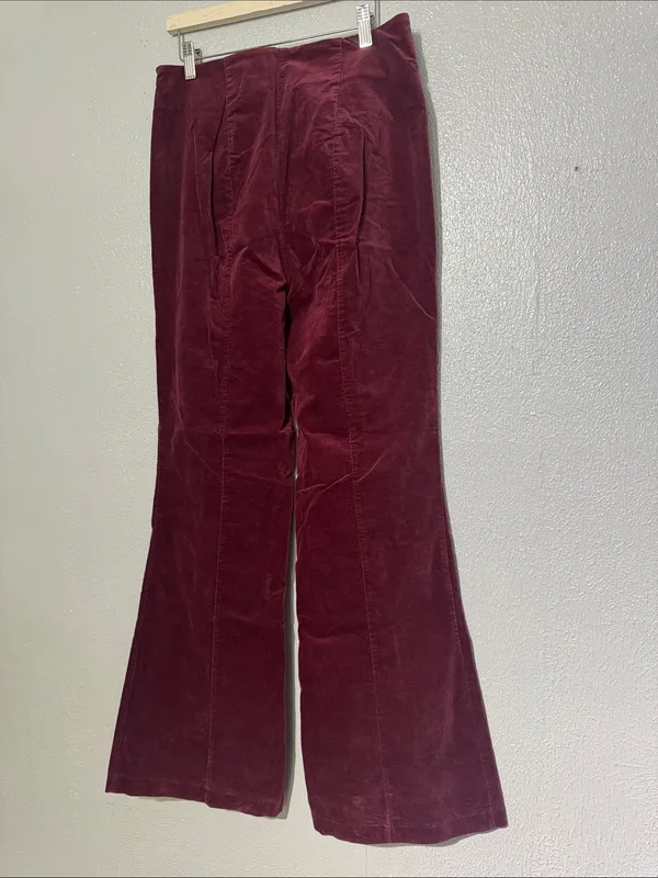 Forever 21 Contemporary Burgundy Velvet Flare Pants High Rise Side Zip XL - Image 4