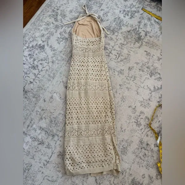 Lulus Blissful Strolls Beige Crochet Faux-Wrap Halter Midi Dress Size Medium - Image 5