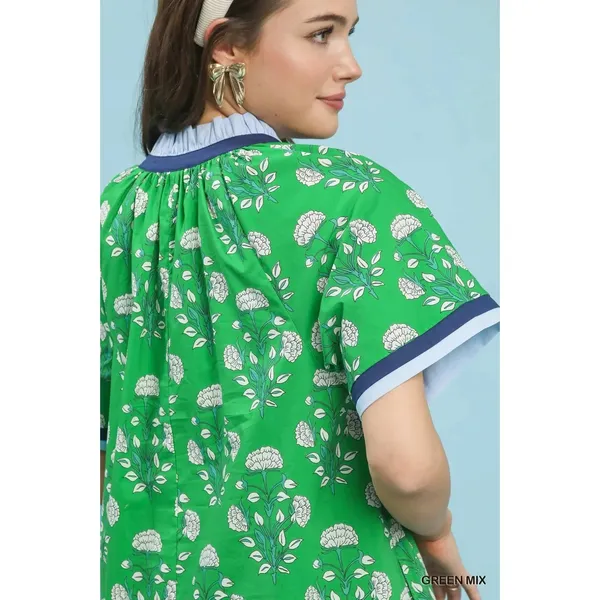 Umgee Printed Split Neck Short Sleeve Shift Dress - Green Mix - Medium - Image 6