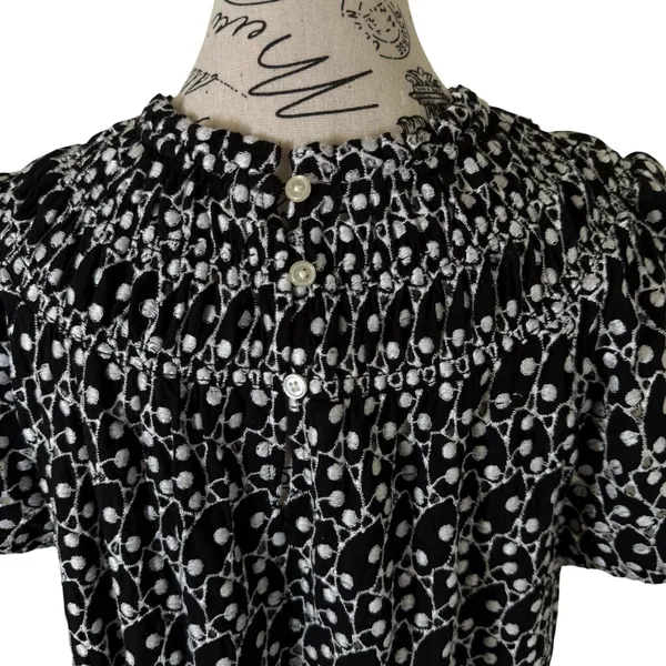 Loft Women's Petite Blouse Black White Size L Polka Dot Boat Neck Short Sleeve Casual - Image 7