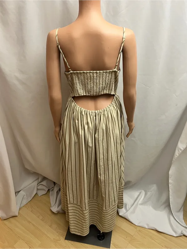 Womens M Beige Striped Cotton Maxi Sundress Cutout Back Pockets Boho - Image 2