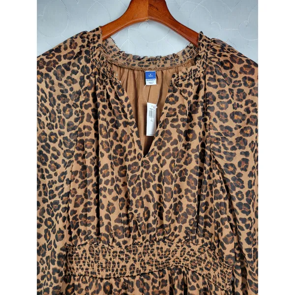 Old Navy Womens Dress Size S Tall Brown Chiffon Leopard Print V-neck Smocked NEW - Image 6