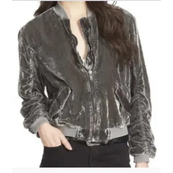 Free People Ruched Bomber Jacket Small Gray Plush Velvet Draped Zip‎ #L6-6 - Image 10