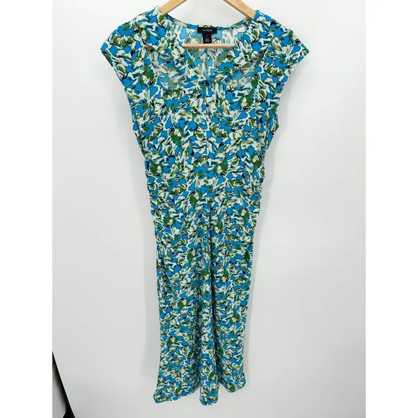 Halogen Blue Green Floral Cap Sleeve Ruched Waist Midi Dress HA469372MI Womens S - Image 10
