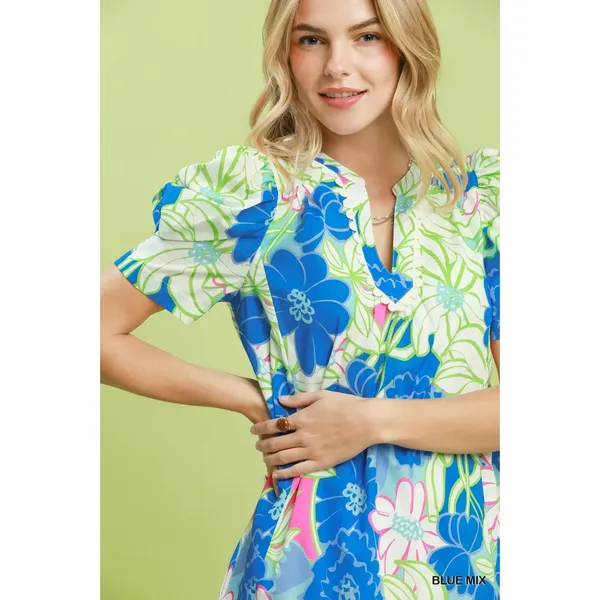 Umgee Floral Puff Sleeve Tiered Mini Dress - Blue Mix - Small - Image 4