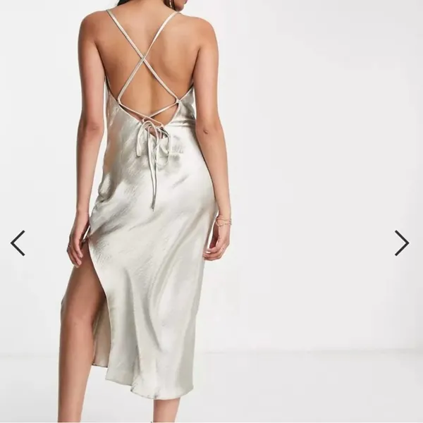 ASOS DESIGN Cami Maxi Satin Slip Dress with Lace‎ Up Back Size 6 in Silver NWT - Image 10